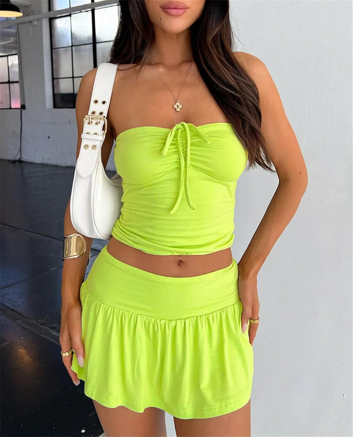Summer Two Piece Outfits for Women Y2K Going Out Tie Ruched Tube Crop Tops Low Rise Pleated Mini Skort Skirt Sets