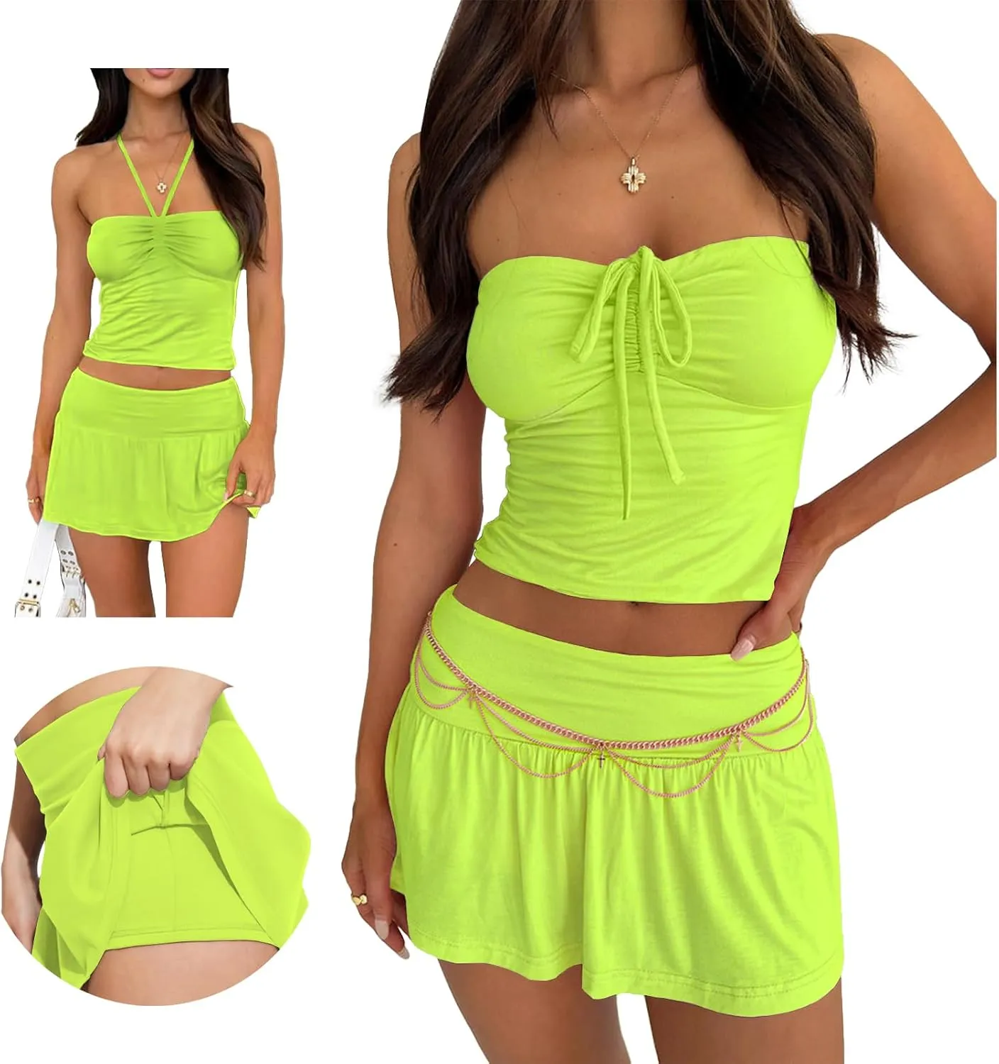 Summer Two Piece Outfits for Women Y2K Going Out Tie Ruched Tube Crop Tops Low Rise Pleated Mini Skort Skirt Sets