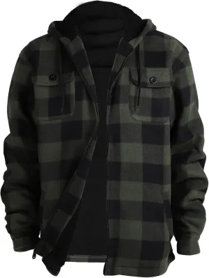 TanBridge Men's Flannel Plaid Jacket Full Zip Fleece Flannel Sherpa Hoodies Heavyweight Fleece Lined Warm Coat