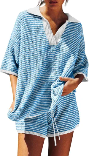 Tankaneo Womens Sweater Set 2 Piece Outfits Oversized 3/4 Sleeve V Neck Knit Tops High Waisted Shorts Lounge Sets