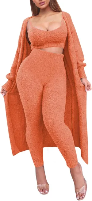 TOLENY Women Fuzzy 3 Piece Tracksuit Sets Cardigan Crop Top Legging Pants Set Outfits Loungewear Pajamas Orange XL