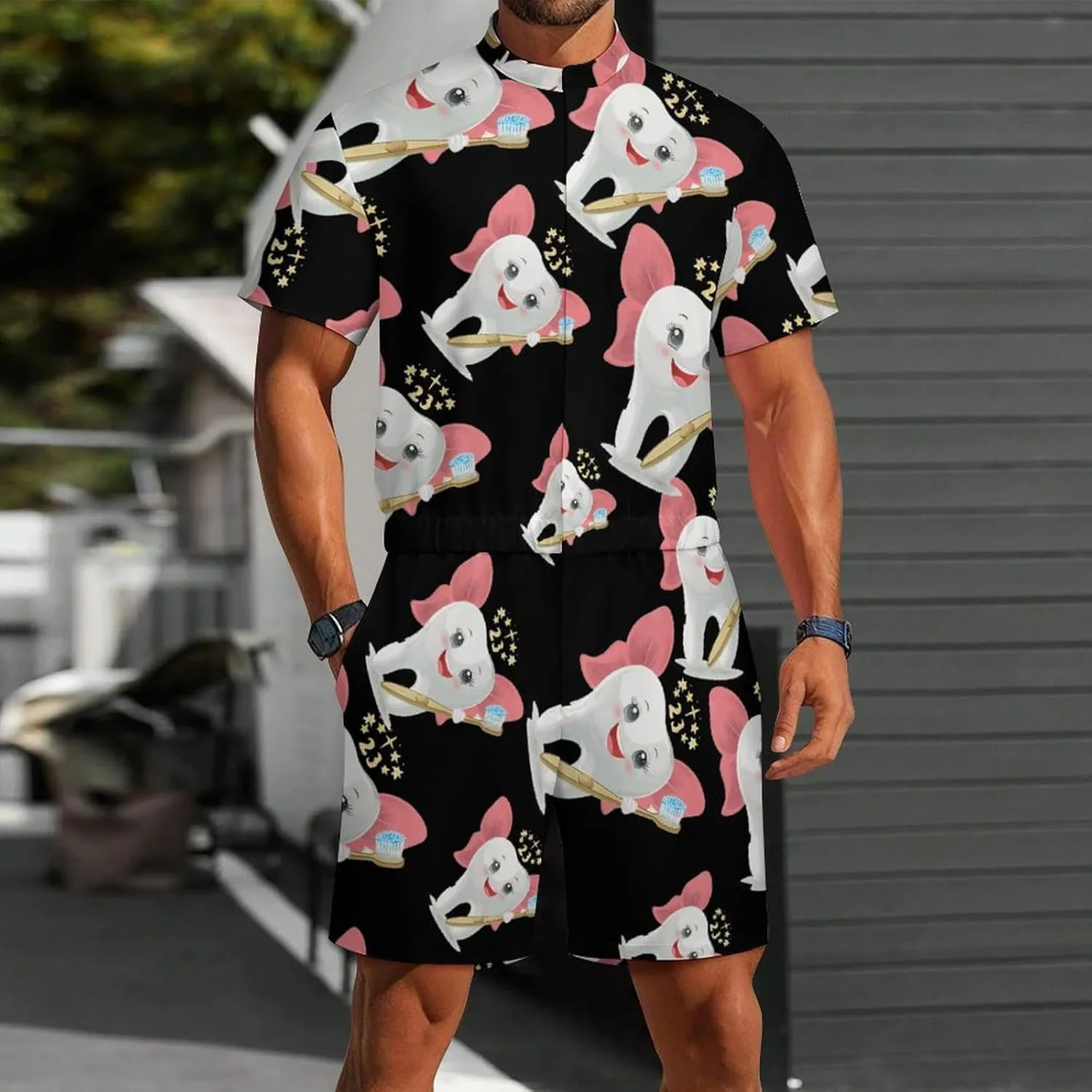 Tooth Fairy Mens Short Sleeve Rompers Printed Slim Fit One Piece Jumpsuit with Pocket