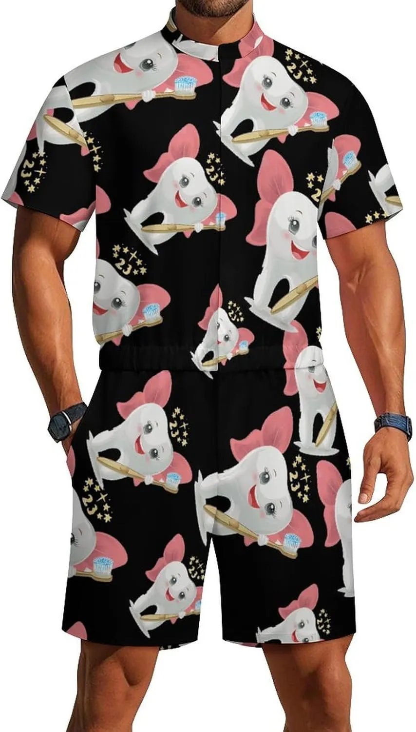Tooth Fairy Mens Short Sleeve Rompers Printed Slim Fit One Piece Jumpsuit with Pocket