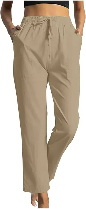 Trendy Pants for Women,Wwomens Casual Summer 2025 Drawstring Elastic High Waist Pant Comfy Solid Color Trouser