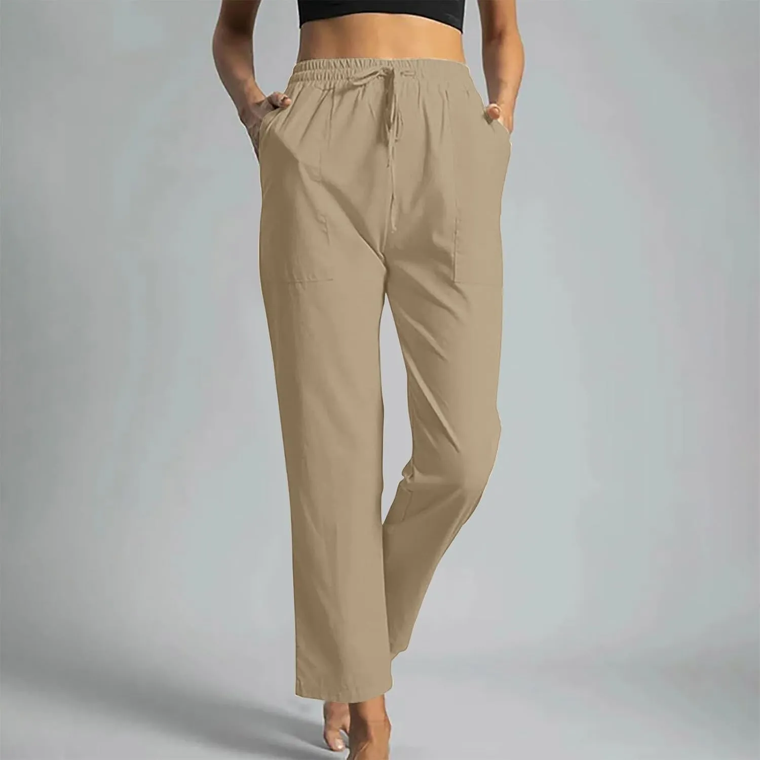 Trendy Pants for Women,Wwomens Casual Summer 2025 Drawstring Elastic High Waist Pant Comfy Solid Color Trouser