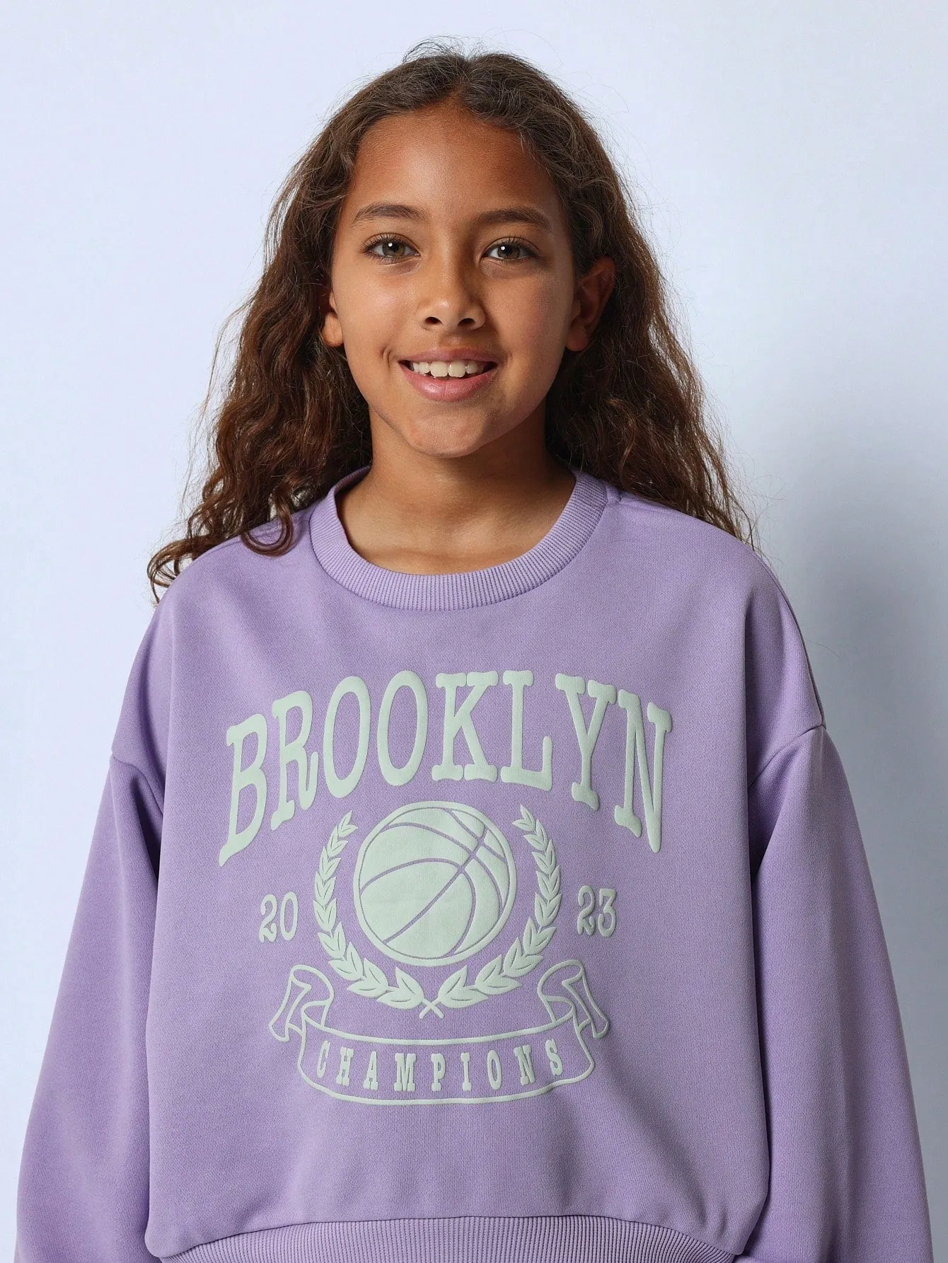 Tween Girls Comfy Lilac Vintage Sweatshirts With Puff Graphic Print