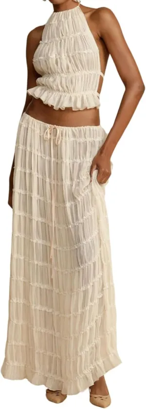 Two Piece Maxi Skirt Sets for Women Backless Halter Beach Lace Up Sleeveless Tank Top Long Skirt Summer Beach Outfits