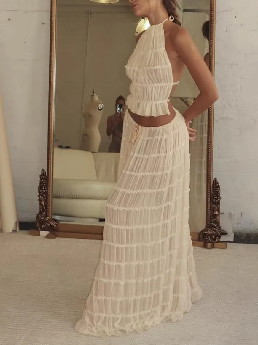 Two Piece Maxi Skirt Sets for Women Backless Halter Beach Lace Up Sleeveless Tank Top Long Skirt Summer Beach Outfits