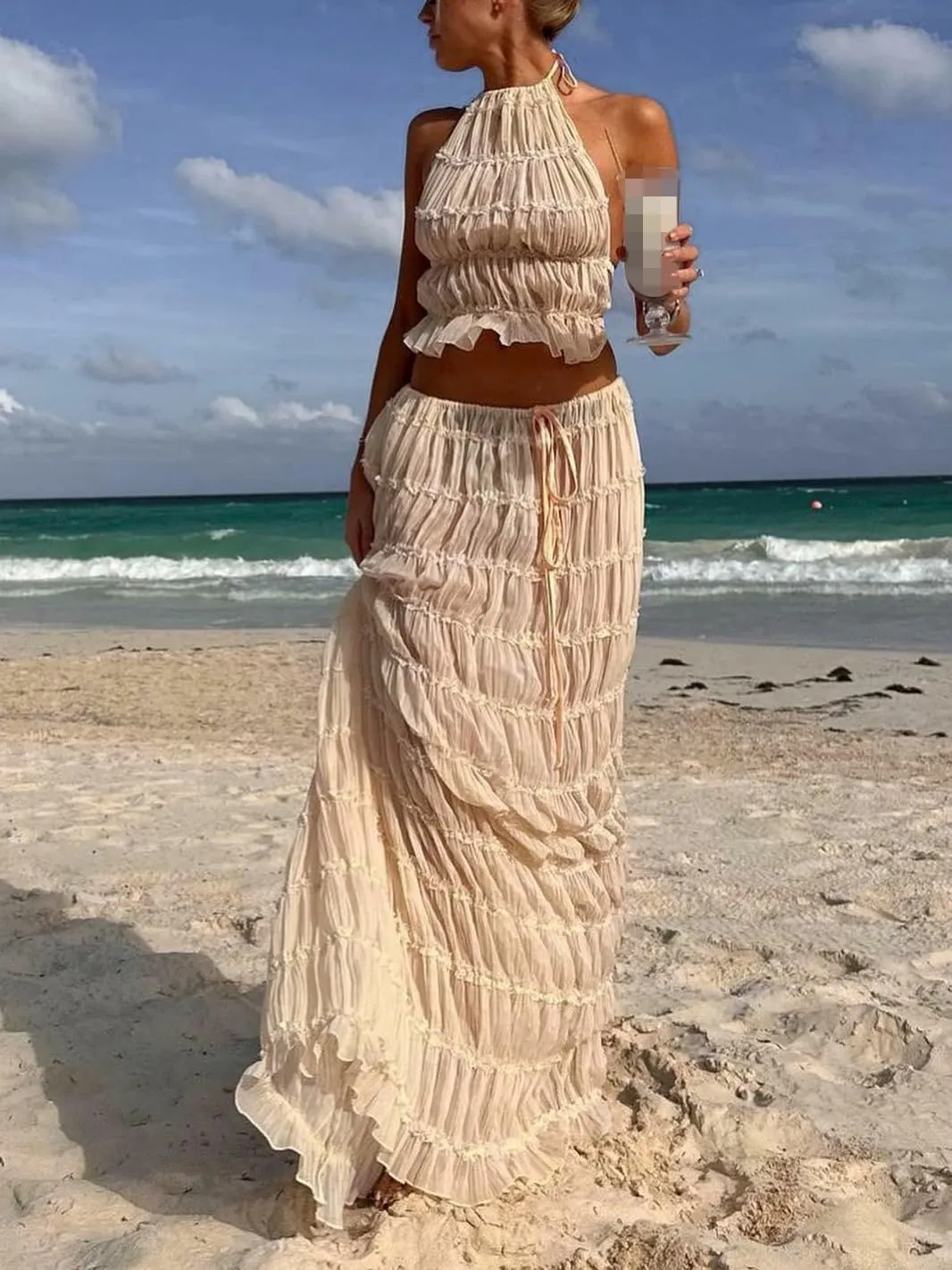 Two Piece Maxi Skirt Sets for Women Backless Halter Beach Lace Up Sleeveless Tank Top Long Skirt Summer Beach Outfits