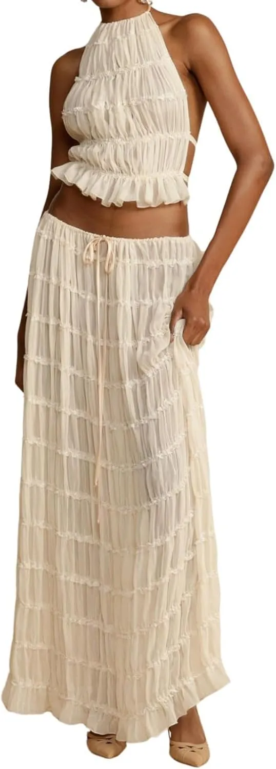 Two Piece Maxi Skirt Sets for Women Backless Halter Beach Lace Up Sleeveless Tank Top Long Skirt Summer Beach Outfits