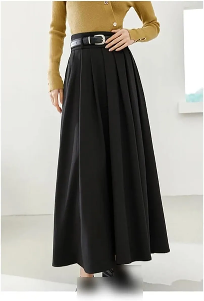 UIOKLMJH Women Autumn High Waist Maxi Skirt Elegant Office A-Line Pleated Skirts with Belt