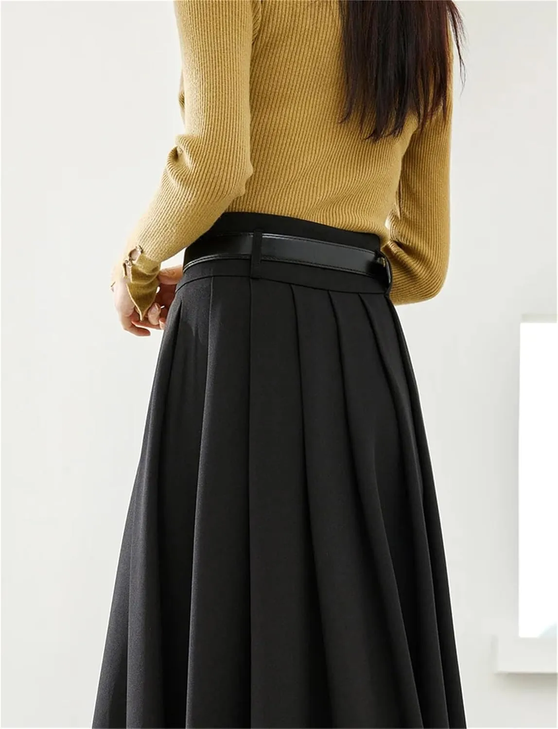 UIOKLMJH Women Autumn High Waist Maxi Skirt Elegant Office A-Line Pleated Skirts with Belt