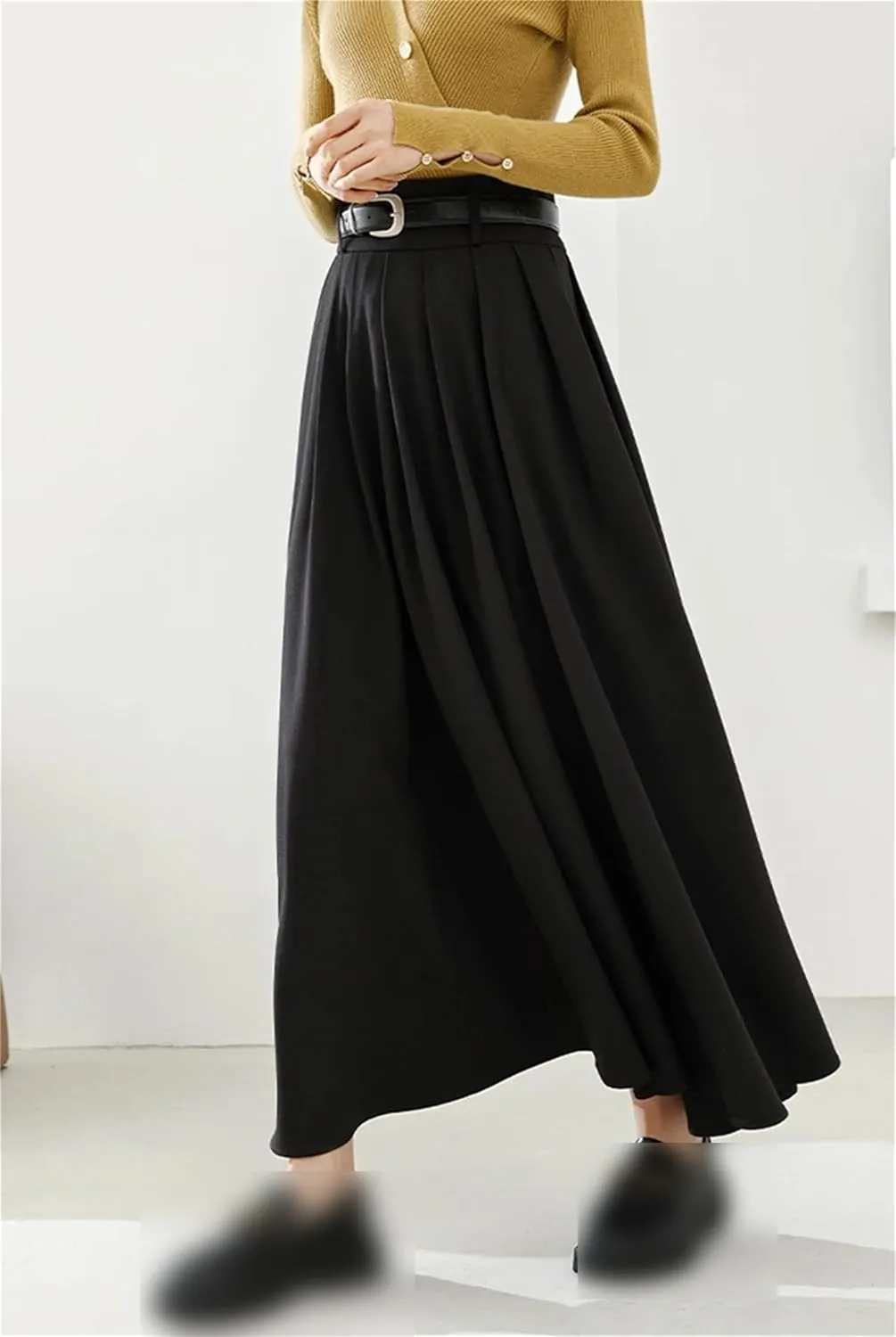 UIOKLMJH Women Autumn High Waist Maxi Skirt Elegant Office A-Line Pleated Skirts with Belt