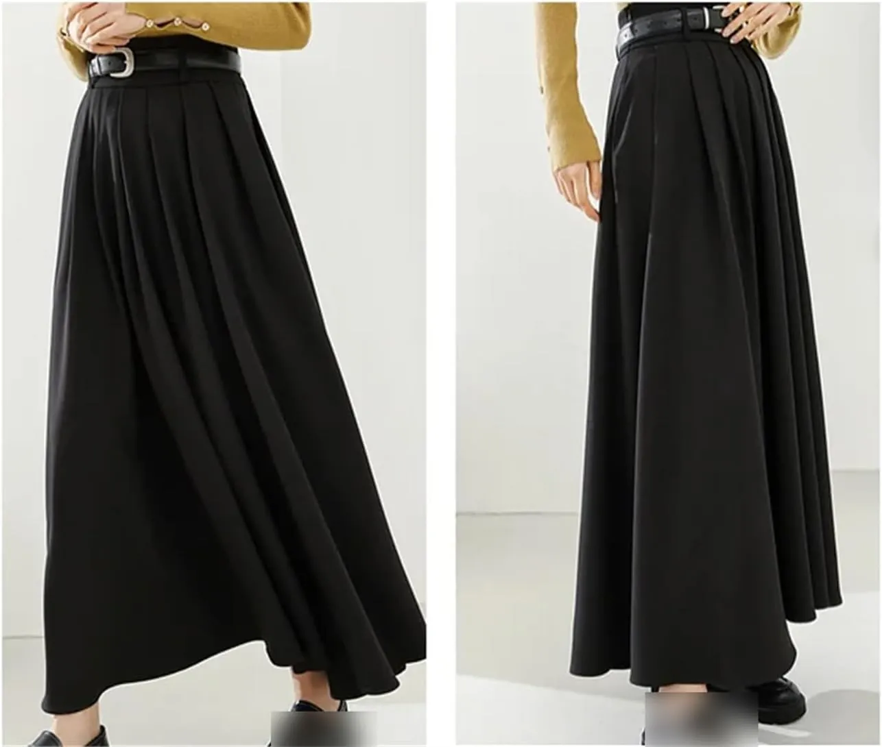UIOKLMJH Women Autumn High Waist Maxi Skirt Elegant Office A-Line Pleated Skirts with Belt