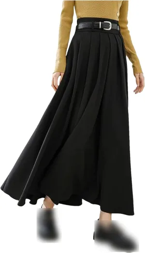 UIOKLMJH Women Autumn High Waist Maxi Skirt Elegant Office A-Line Pleated Skirts with Belt