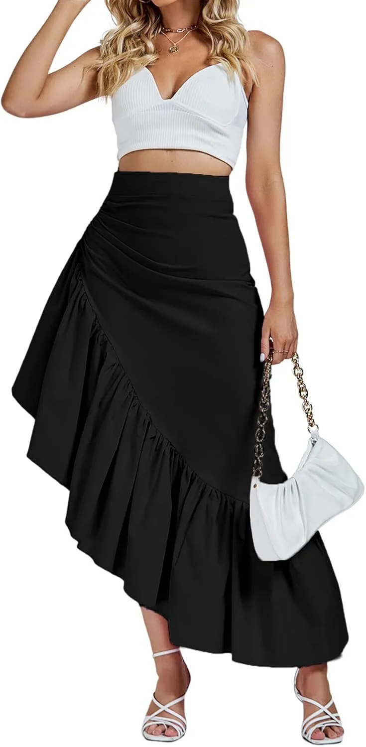 Umenlele Women's Ruched Ruffle High Low Asymmetrical Hem High Waist Midi Skirt