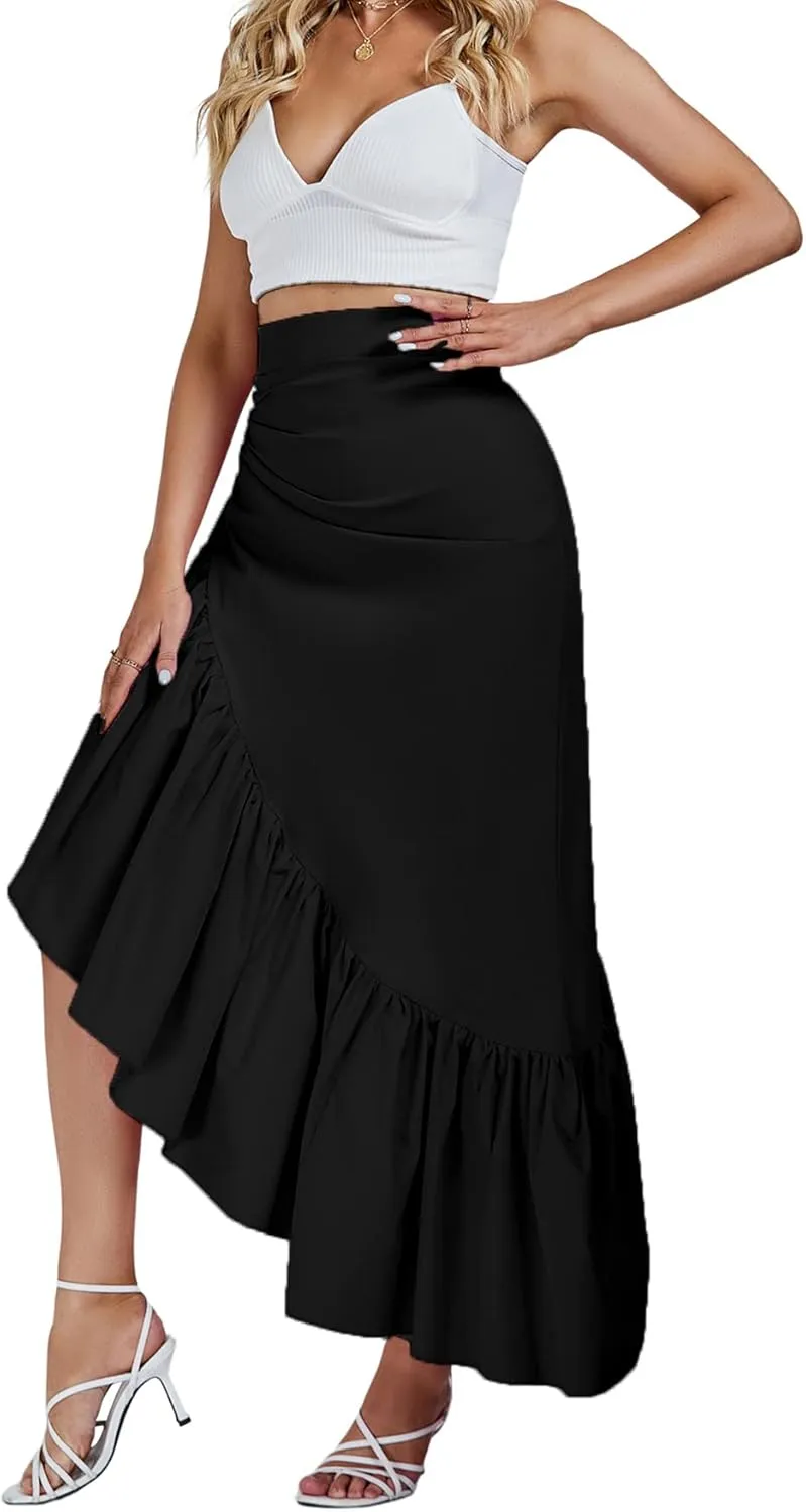 Umenlele Women's Ruched Ruffle High Low Asymmetrical Hem High Waist Midi Skirt