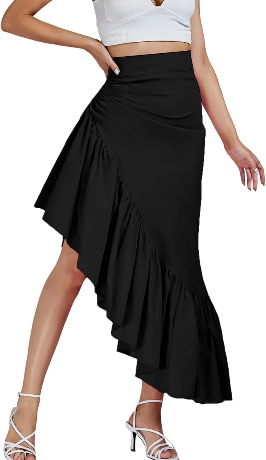Umenlele Women's Ruched Ruffle High Low Asymmetrical Hem High Waist Midi Skirt