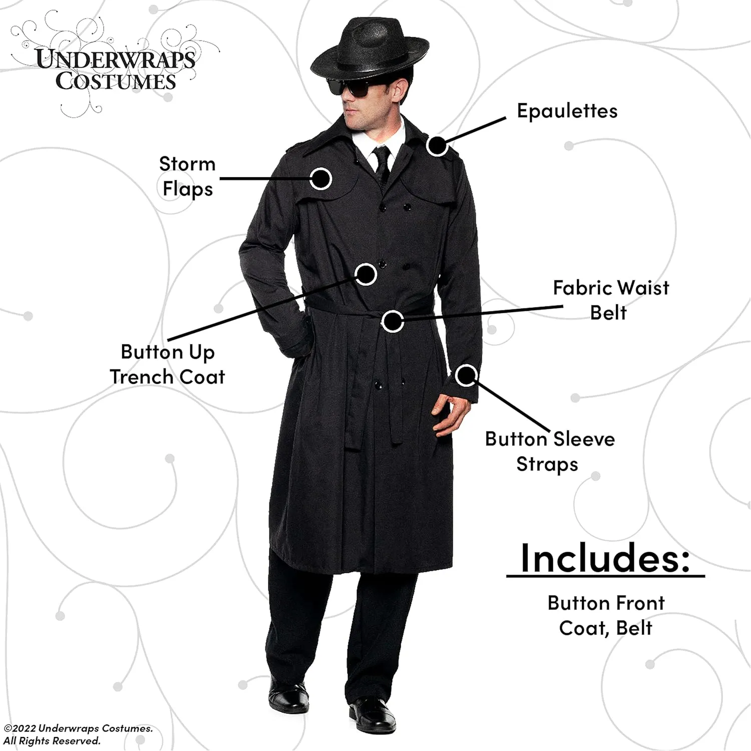 UNDERWRAPS Mens Black Trench Coat - Spy Coat Adult Halloween Costume for Men