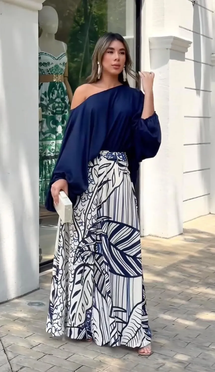 UOOZEE Womens Two Piece Outfits Summer Fashion One Shoulder Neck Loose Fit Tops and Wide Leg Pants Suit Matching Sets