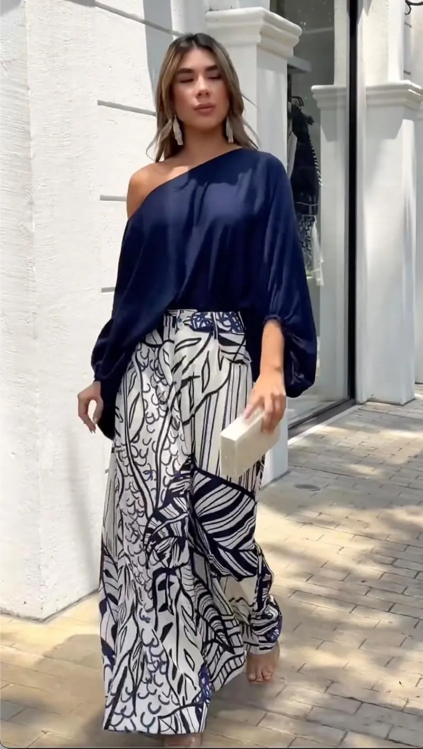 UOOZEE Womens Two Piece Outfits Summer Fashion One Shoulder Neck Loose Fit Tops and Wide Leg Pants Suit Matching Sets