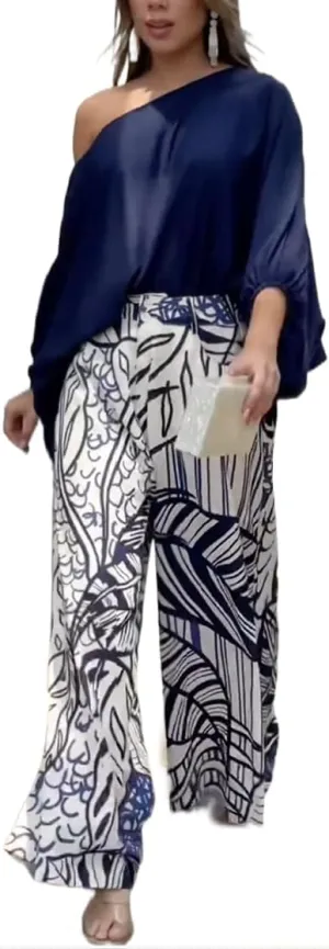 UOOZEE Womens Two Piece Outfits Summer Fashion One Shoulder Neck Loose Fit Tops and Wide Leg Pants Suit Matching Sets