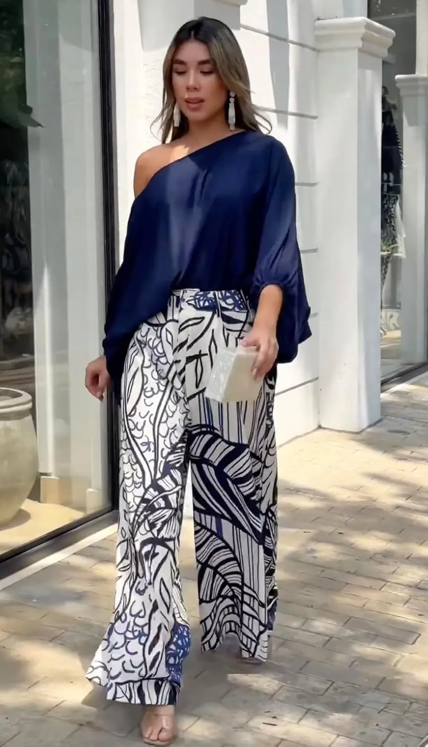 UOOZEE Womens Two Piece Outfits Summer Fashion One Shoulder Neck Loose Fit Tops and Wide Leg Pants Suit Matching Sets