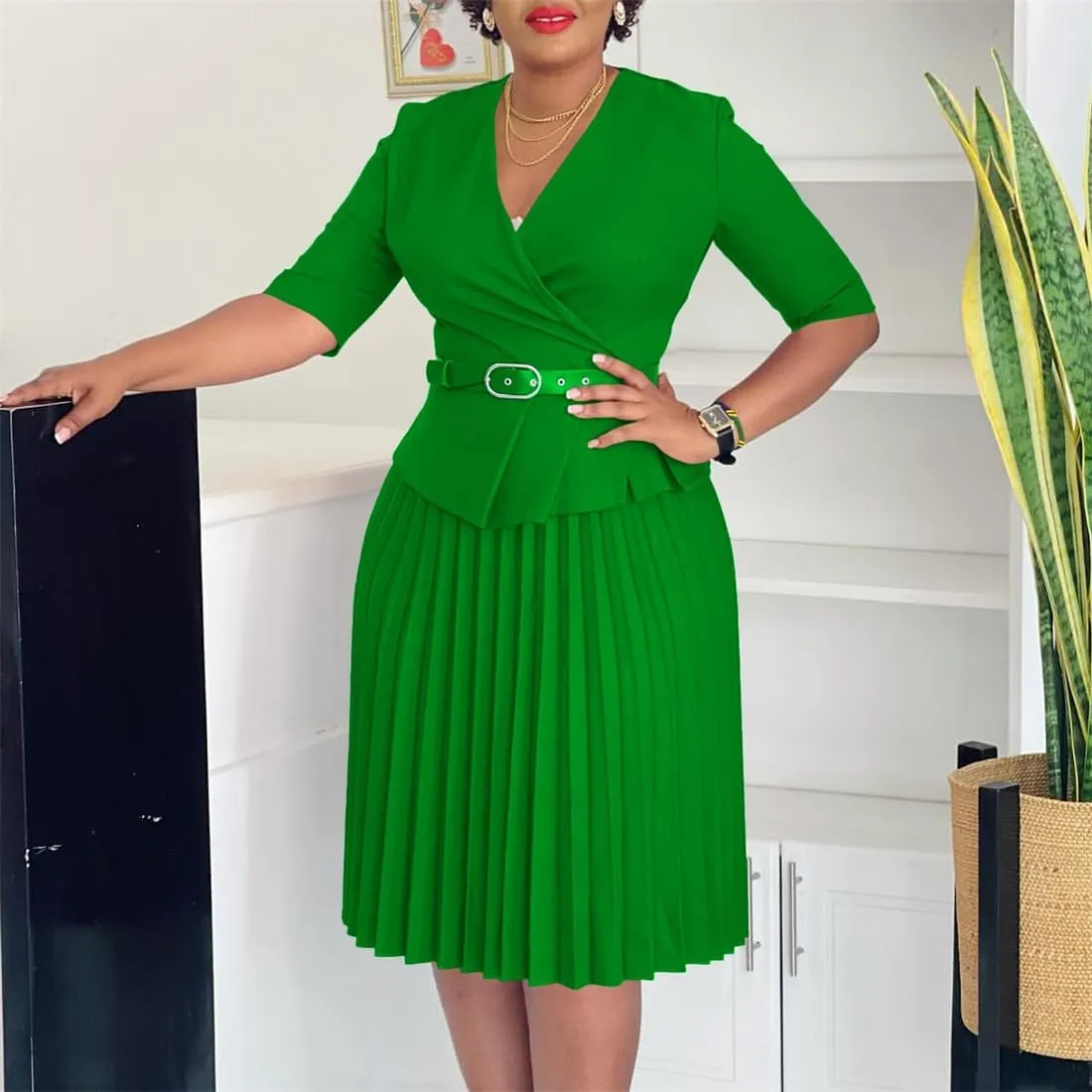 Useagrey Midi Dress for Women Pencil Dress Fashion Work Dress Elegant High Waist Ruched Pleated Church Dress