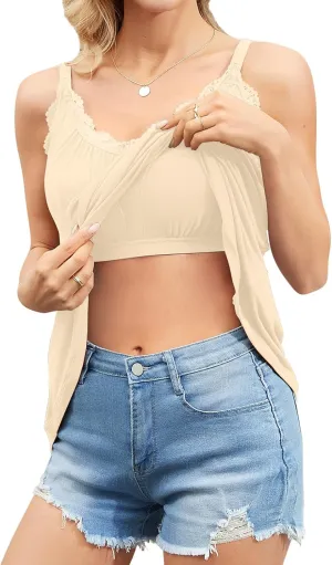 V FOR CITY Flowy Camisole Tops for Women with Built in Bra V Neck Lace Spaghetti Strap Tank Top Loose Fitting Tunic