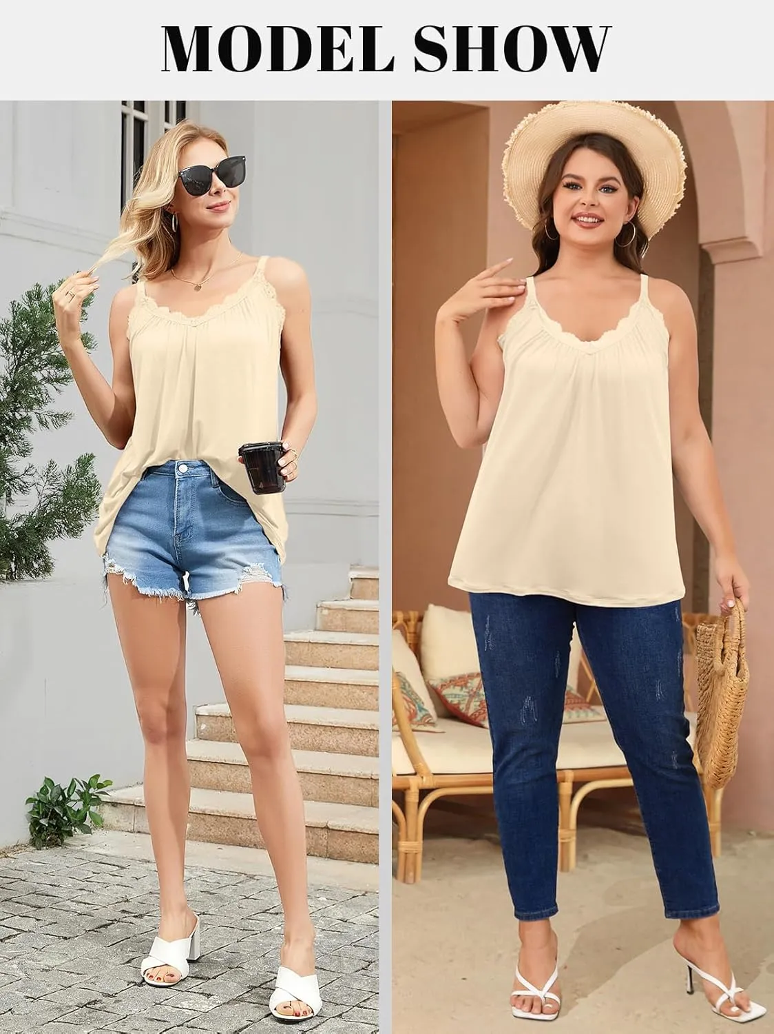 V FOR CITY Flowy Camisole Tops for Women with Built in Bra V Neck Lace Spaghetti Strap Tank Top Loose Fitting Tunic