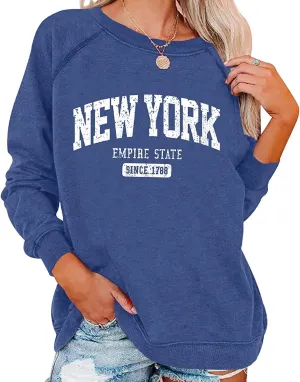Vdnerjg Women's New York Letter Print Sweatshirt Crewneck Long Sleeve Casual Loose Fit Pullover Shirt