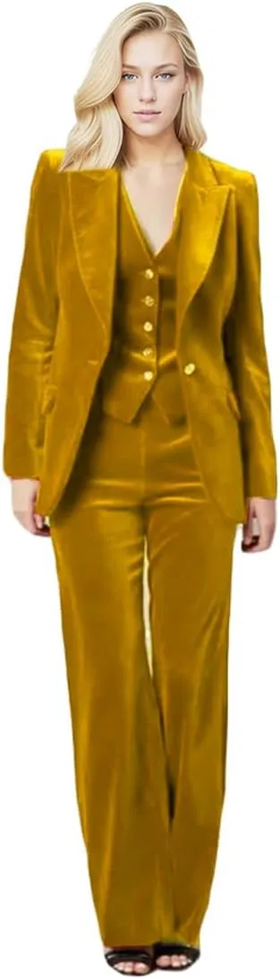 Velvet Pant Suit for Women 3 PC Peak Lapel Office Work Suit Business Suit Blazer Vest Pants Prom Suit