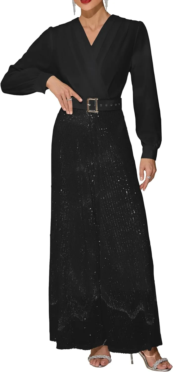 VERWIN Sequins Jumpsuit for Women Long Sleeve Sparkly Jumper V Neck Belted Wide Leg Pants Sets Evening Party Jumpsuit