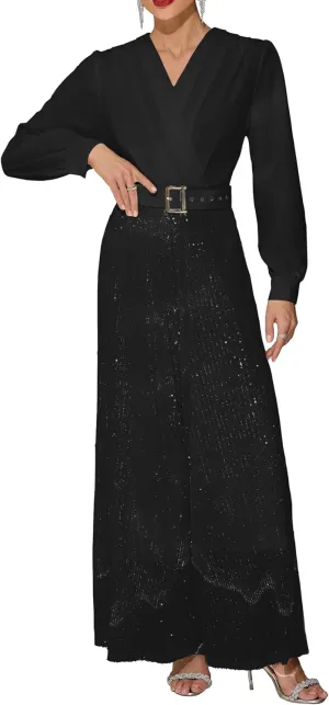 VERWIN Sequins Jumpsuit for Women Long Sleeve Sparkly Jumper V Neck Belted Wide Leg Pants Sets Evening Party Jumpsuit
