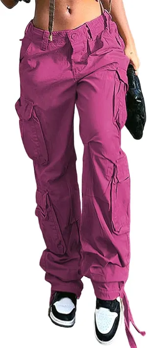 Viatabuna Women's High Rise Straight Leg Y2K Streetwear Cargo Pants Baggy Boyfriend Pants with Pocket