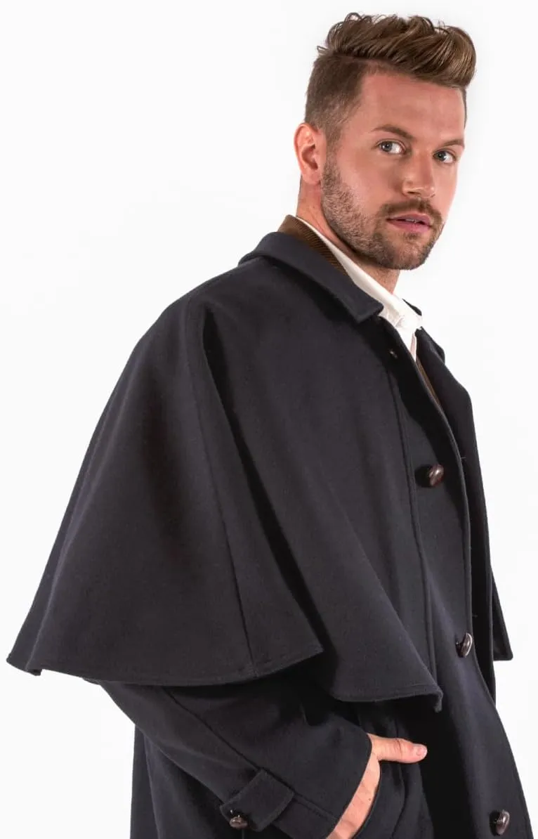 Victorian Men's Cashmere Long Overcoat with Cape Notch Lapel Trench Coat Regular Fit Cloak Pea Jacket in Winter