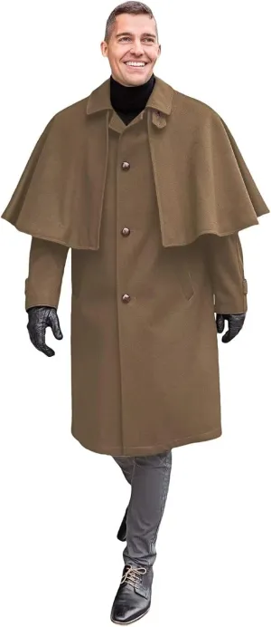 Victorian Men's Cashmere Long Overcoat with Cape Notch Lapel Trench Coat Regular Fit Cloak Pea Jacket in Winter