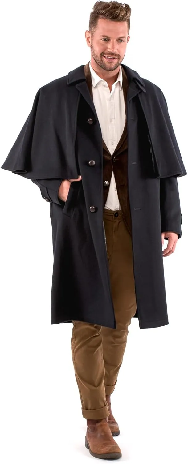 Victorian Men's Cashmere Long Overcoat with Cape Notch Lapel Trench Coat Regular Fit Cloak Pea Jacket in Winter