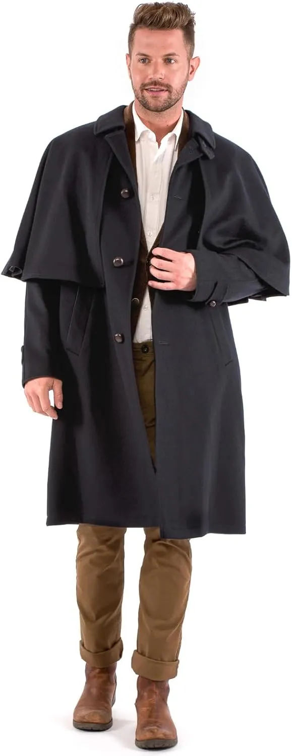 Victorian Men's Cashmere Long Overcoat with Cape Notch Lapel Trench Coat Regular Fit Cloak Pea Jacket in Winter