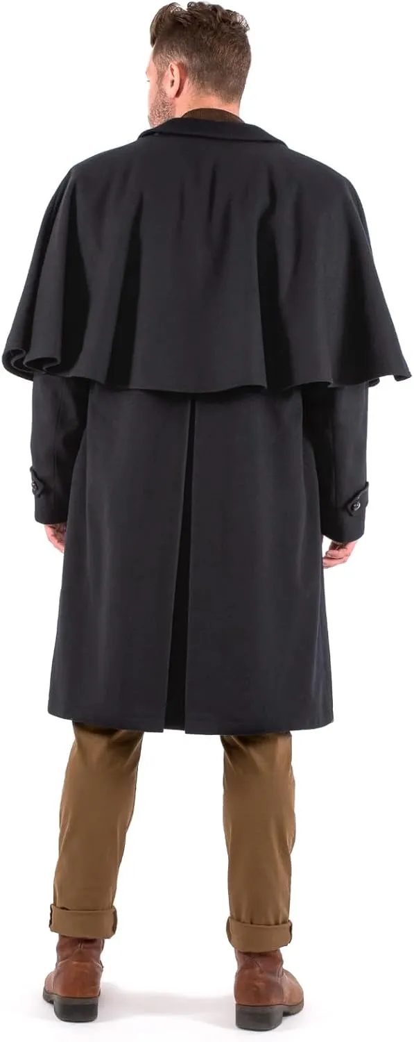 Victorian Men's Cashmere Long Overcoat with Cape Notch Lapel Trench Coat Regular Fit Cloak Pea Jacket in Winter