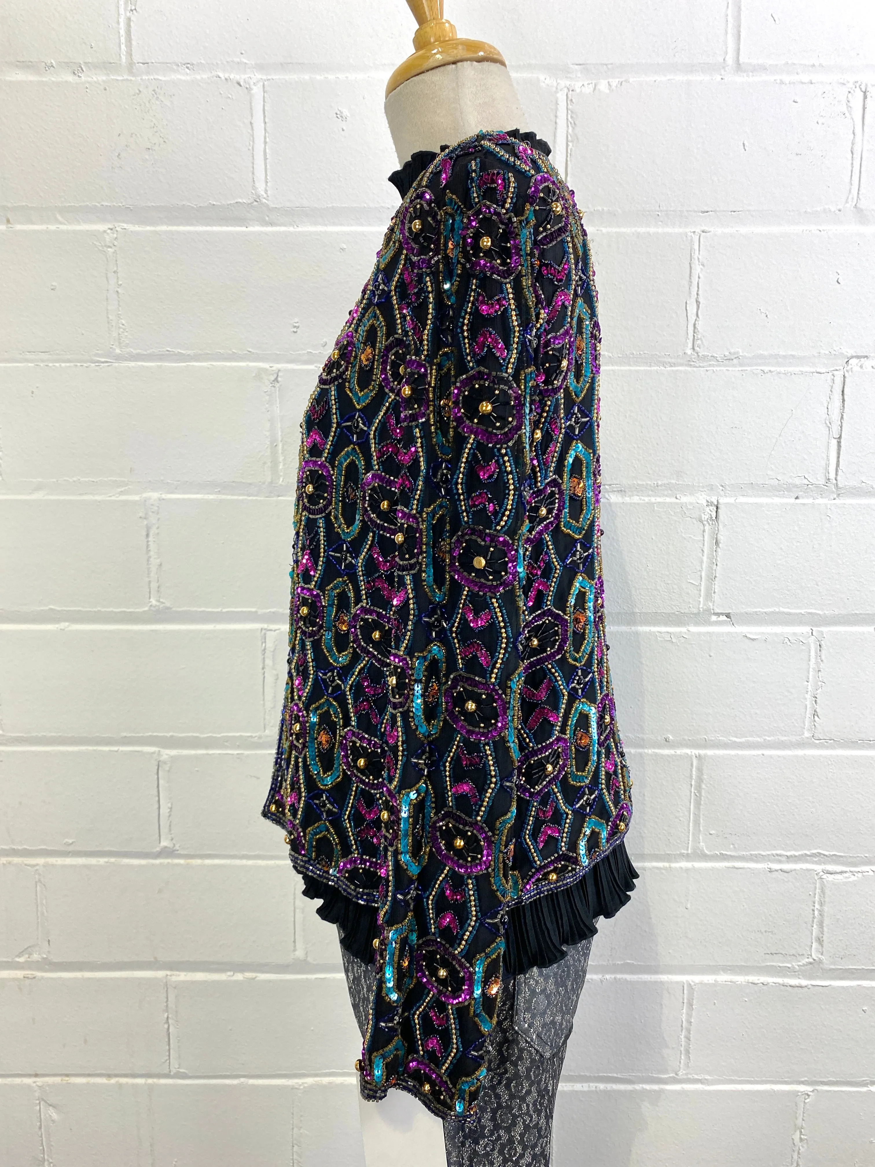 Vintage 1980s Black Beaded Sequin Cardigan Jacket, Papell Boutique, Medium