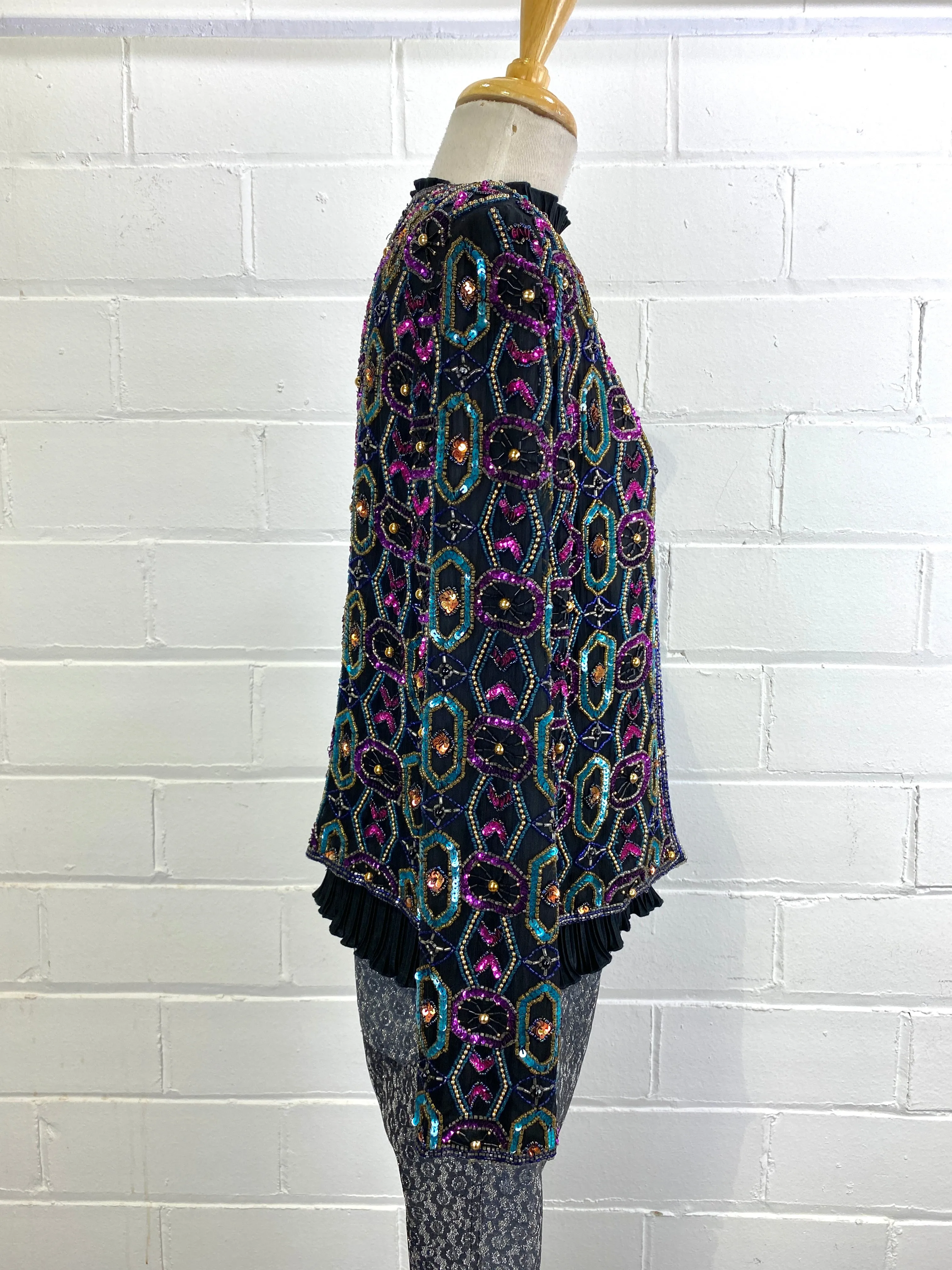 Vintage 1980s Black Beaded Sequin Cardigan Jacket, Papell Boutique, Medium