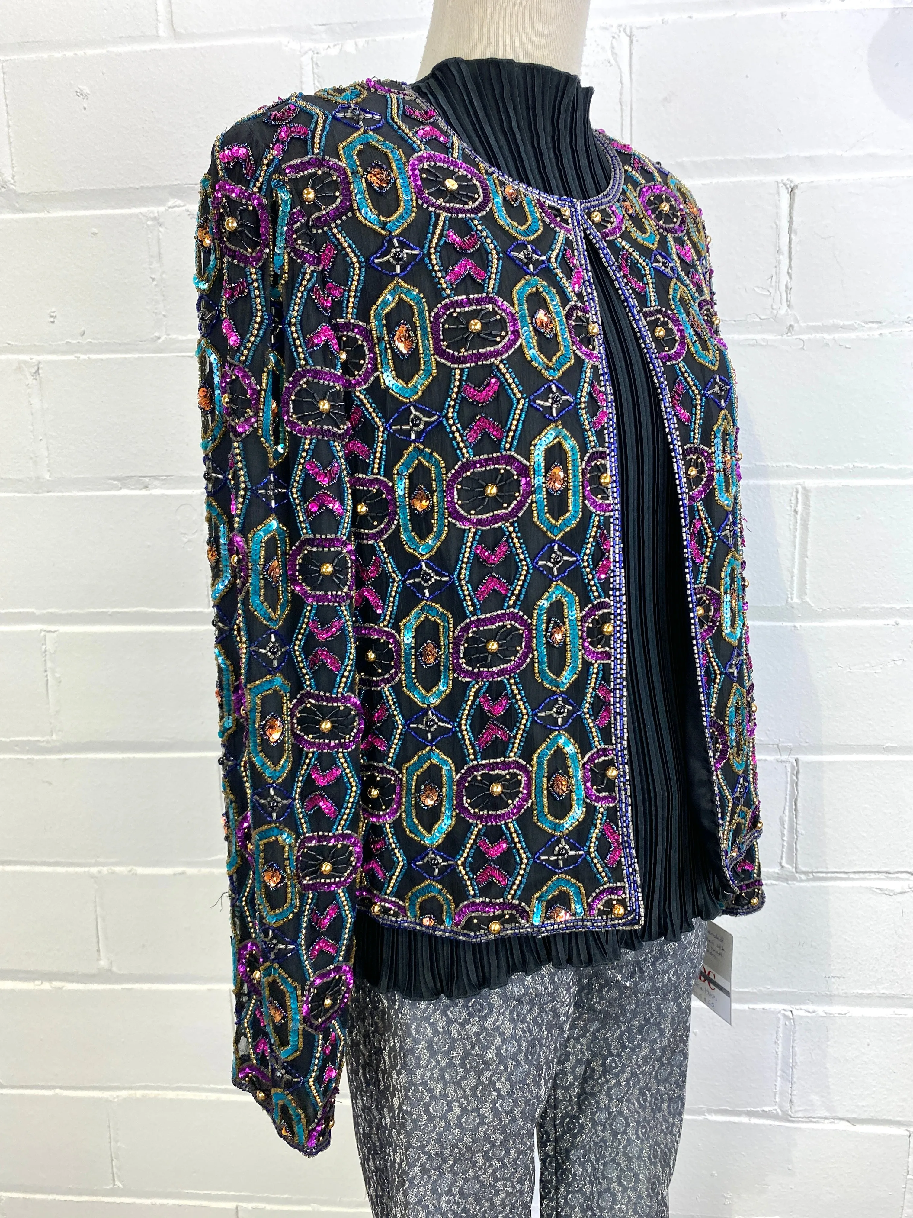 Vintage 1980s Black Beaded Sequin Cardigan Jacket, Papell Boutique, Medium