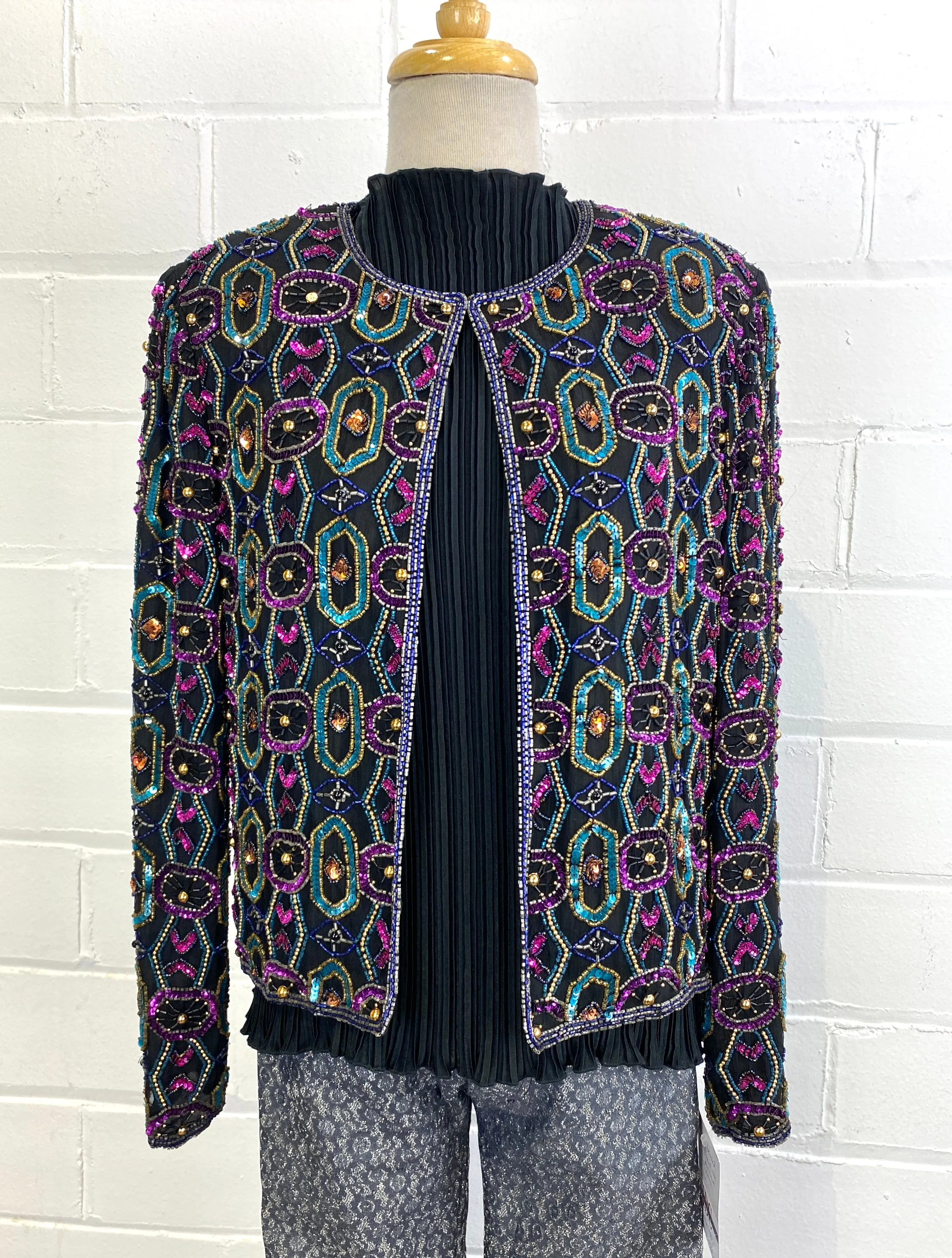 Vintage 1980s Black Beaded Sequin Cardigan Jacket, Papell Boutique, Medium