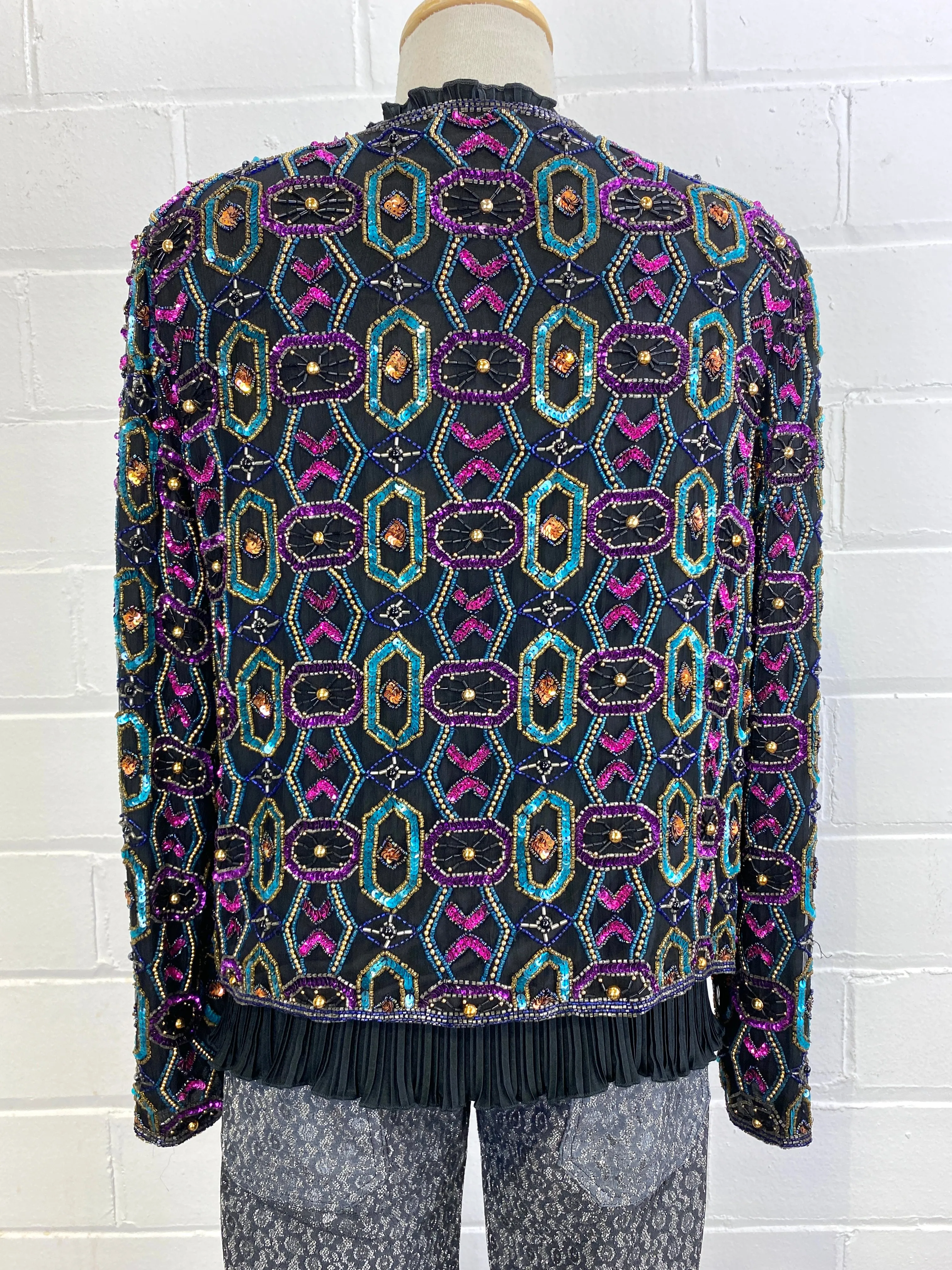 Vintage 1980s Black Beaded Sequin Cardigan Jacket, Papell Boutique, Medium