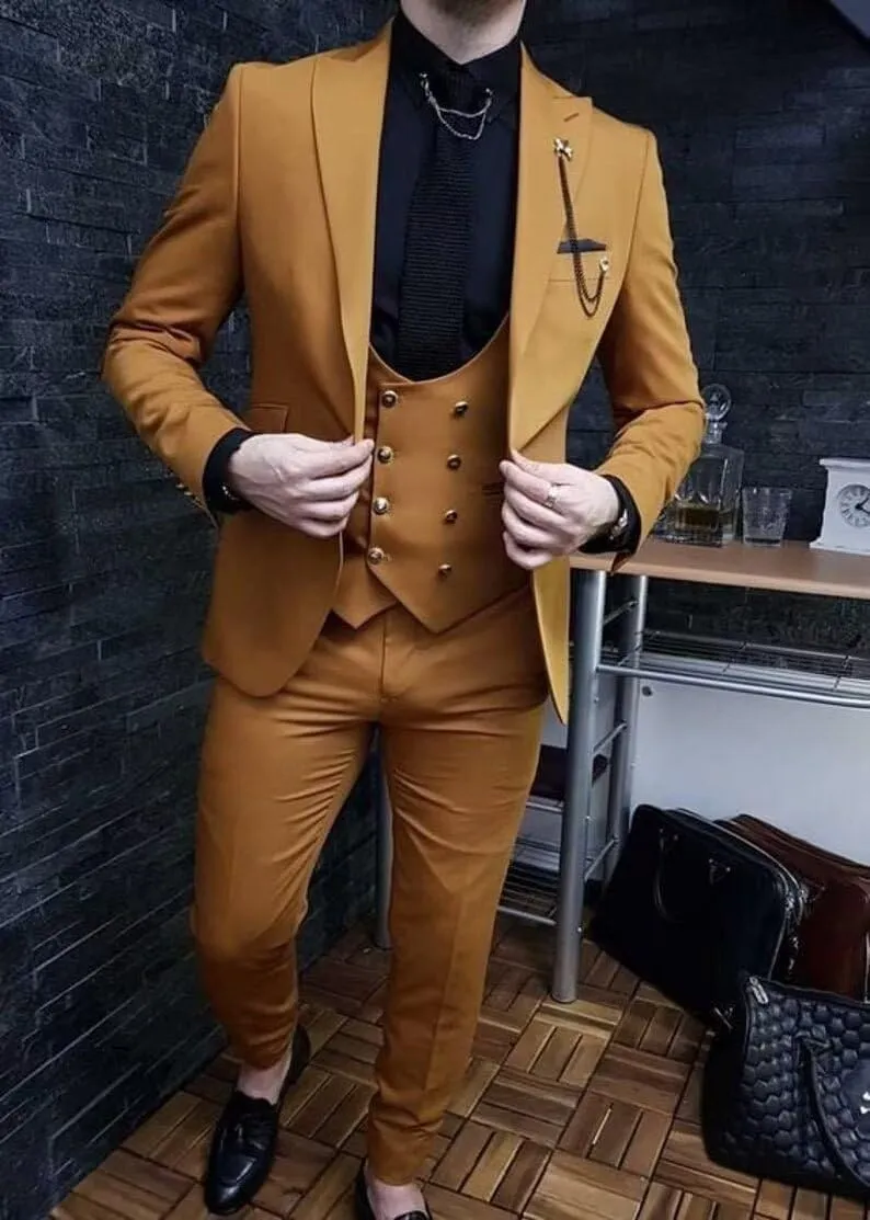 Wangyue 3 Piece Men's Suits Slim Fit Double Breasted Suit Gold Button Blazer Vest Pants Wedding Suit for Men