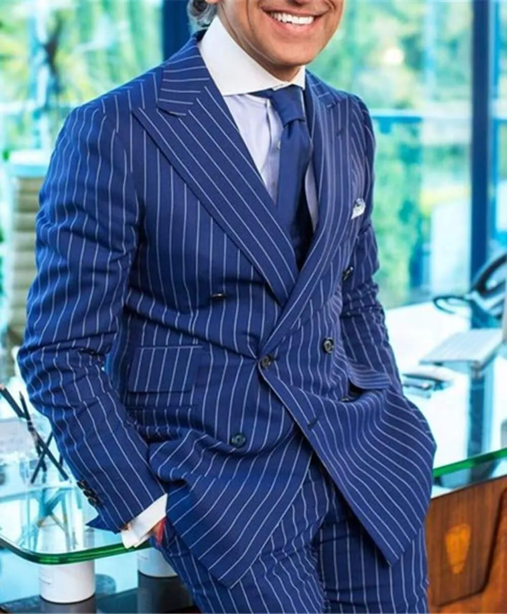 Wangyue Men's Double Breasted Pinstripe Suit 2-Piece Set Business Casual Wedding Party Suit