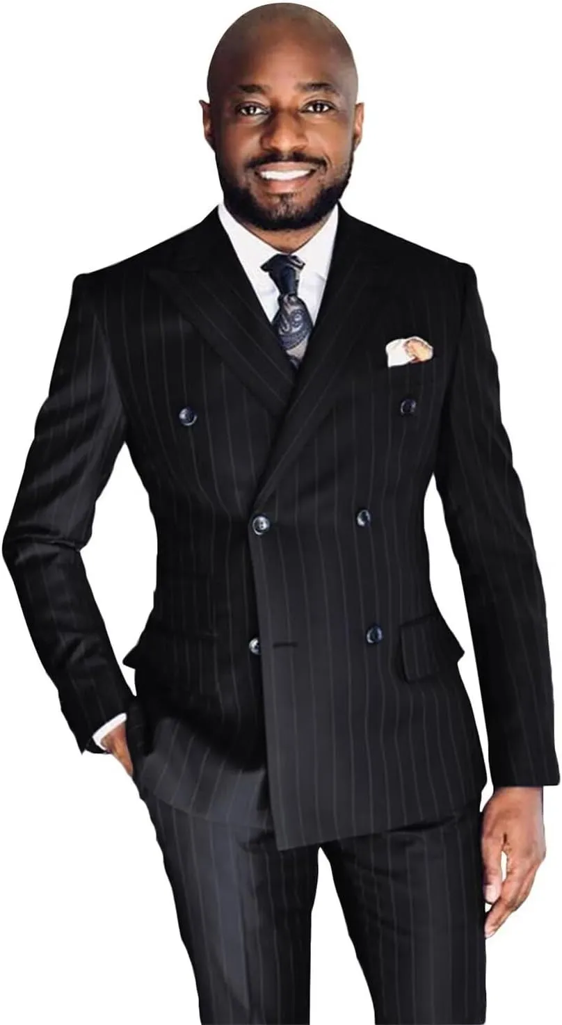 Wangyue Men's Double Breasted Pinstripe Suit 2-Piece Set Business Casual Wedding Party Suit