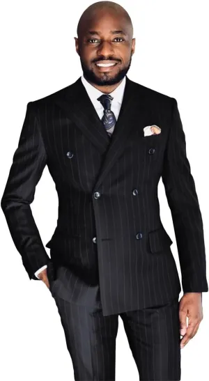 Wangyue Men's Double Breasted Pinstripe Suit 2-Piece Set Business Casual Wedding Party Suit