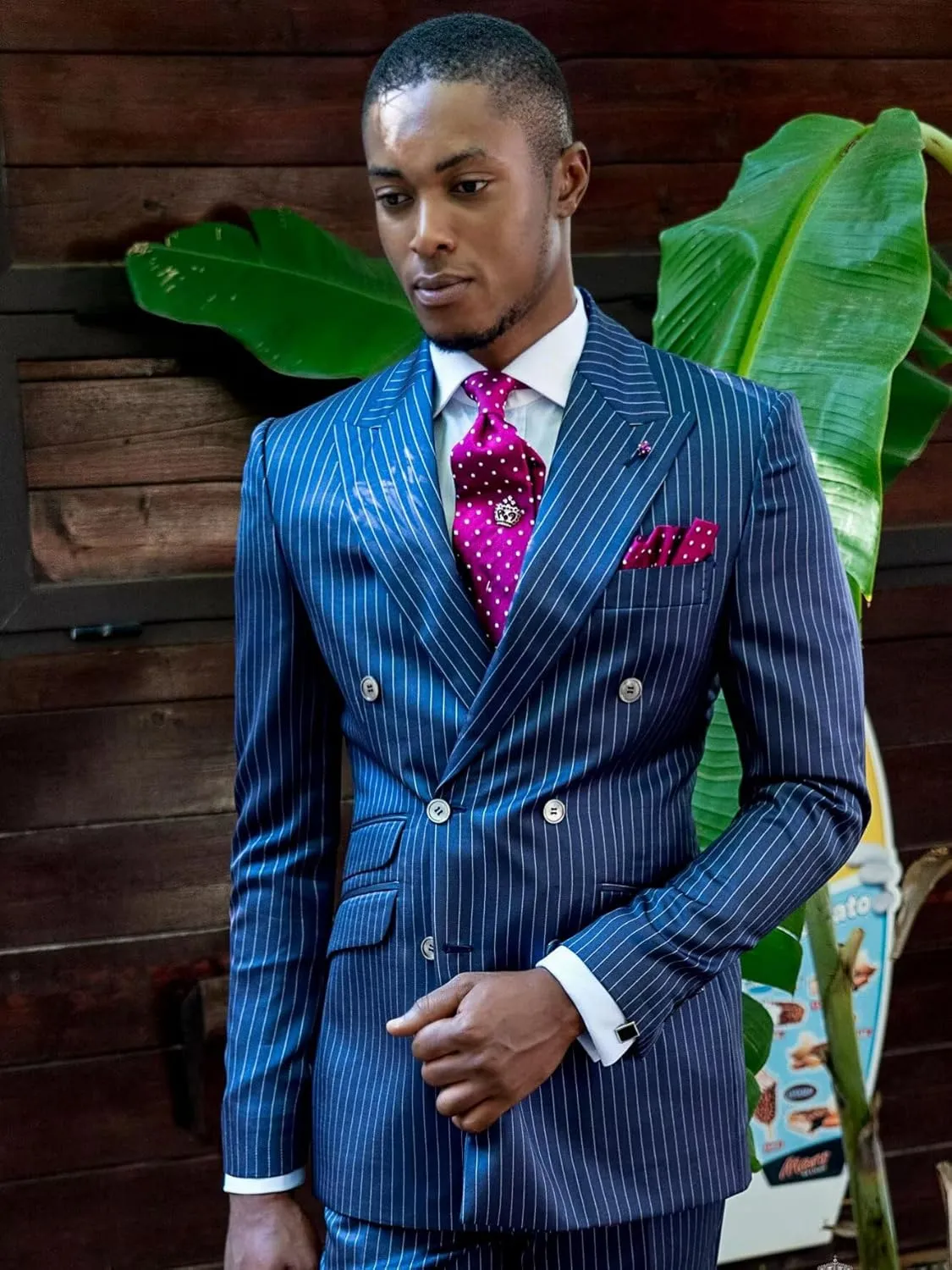 Wangyue Men's Double Breasted Pinstripe Suit 2-Piece Set Business Casual Wedding Party Suit